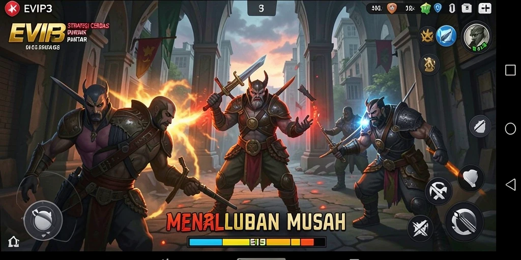 Screenshot dari gameplay EVIP3 yang menampilkan strategi pertempuran.