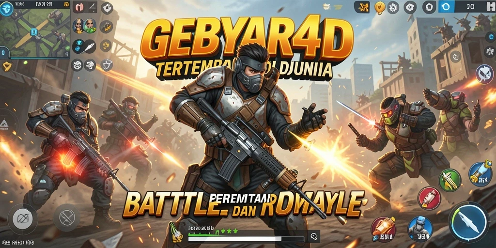 Screenshot utama GEBYAR4D yang menunjukkan aksi pertempuran Battle Royale yang mendebarkan.