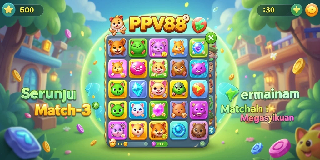 Screenshot menunjukkan gameplay Match-3 yang seru dan penuh warna.