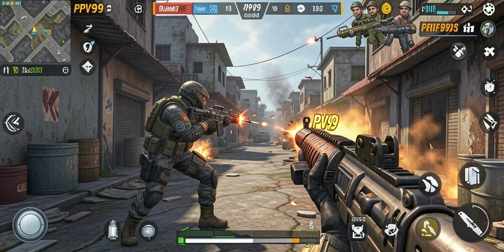 Screenshot gameplay PPV99 menampilkan pertempuran intens dalam game TPS.