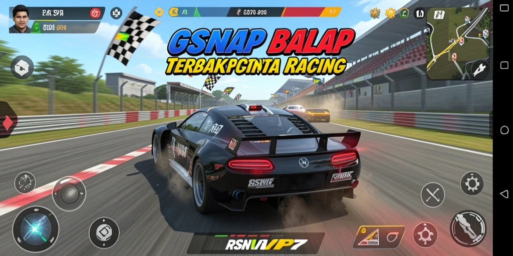Tampilan gameplay RSNVIP7 yang mendebarkan dengan mobil balap di trek.